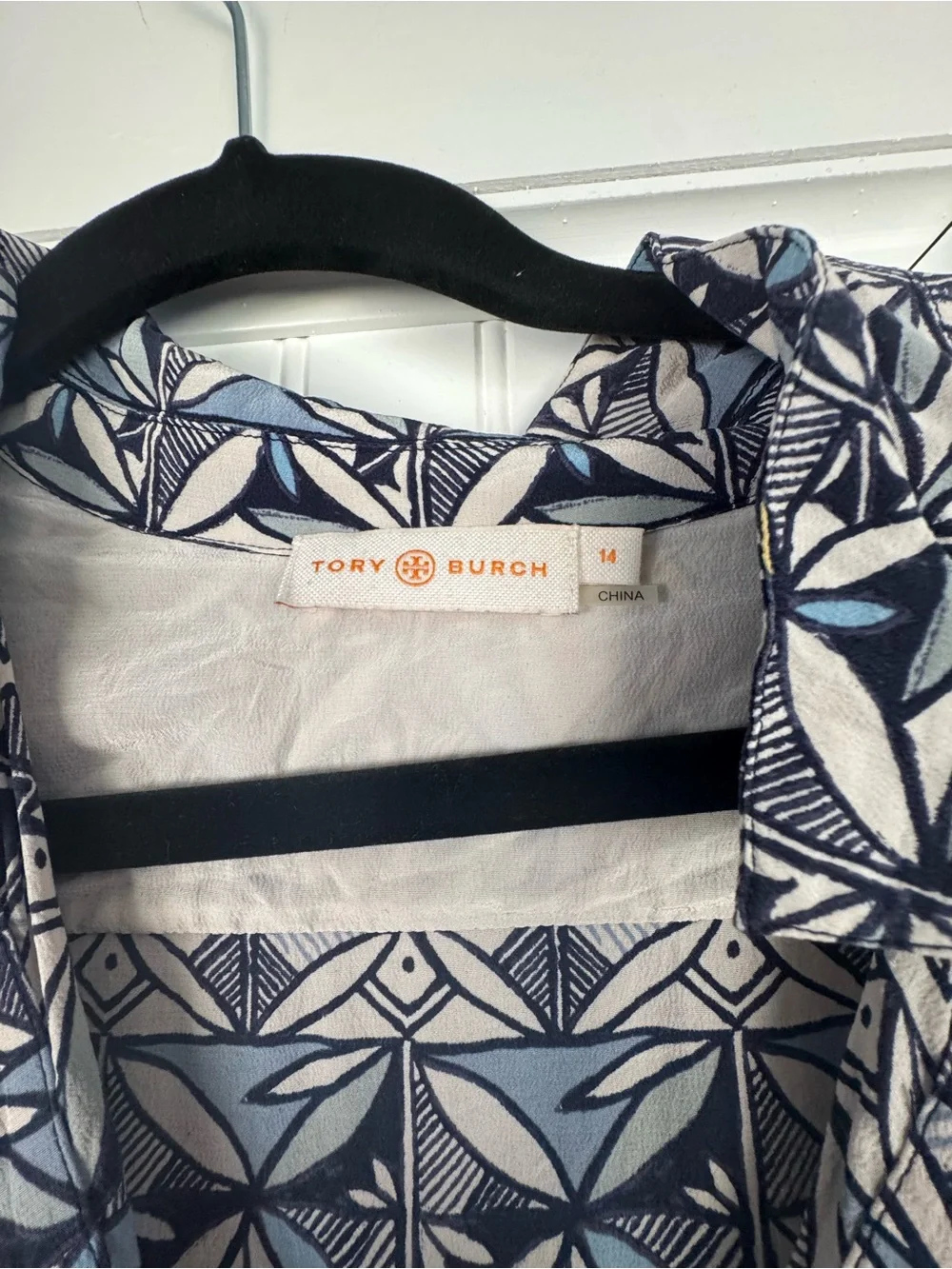 Tory Burch Navy and Light Blue Geometric Button-Front Tunic